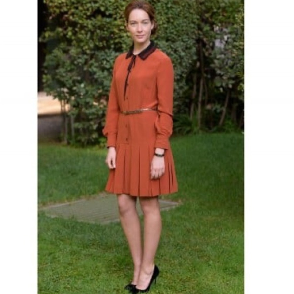 Miu Miu Silk Pleated Rust Color Dress with Lace collar